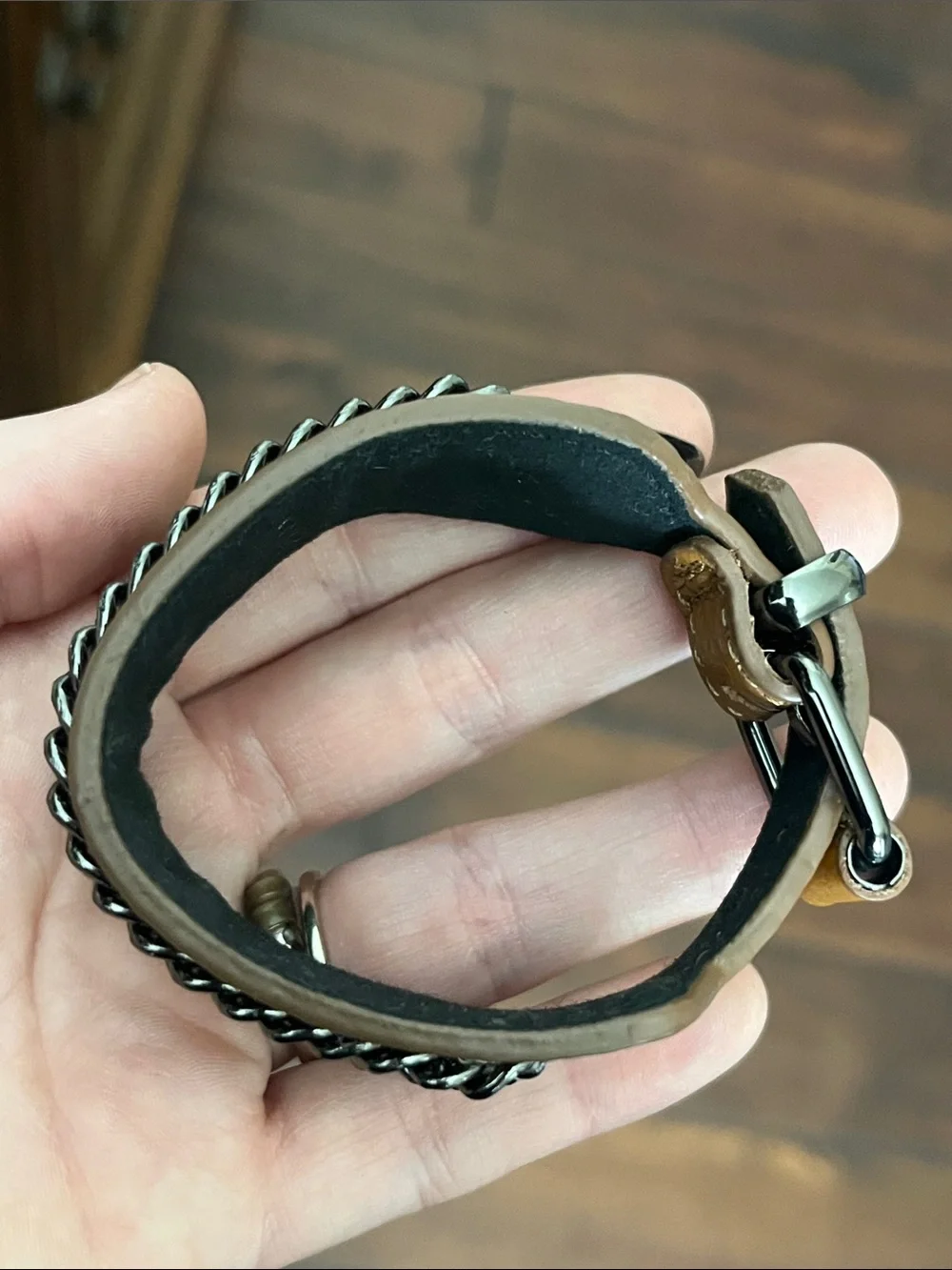 Brown Leather Chain-Accent Bracelet Cuff